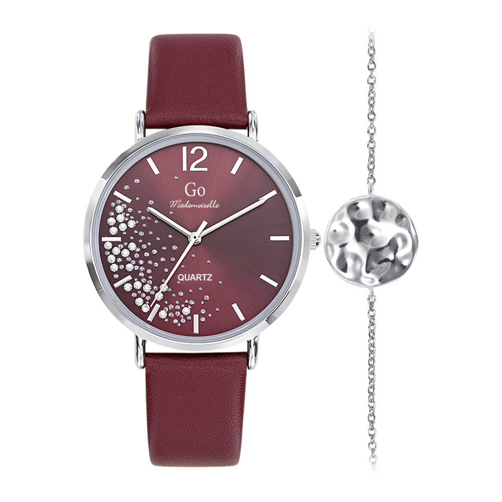 Montre Femme Boîtier Argenté Bracelet Cuir Bordeaux - 697073