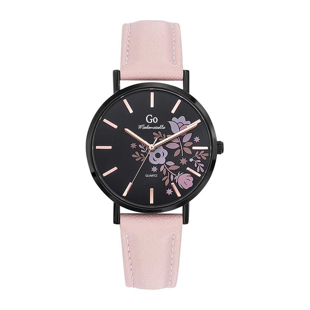 Montre Femme Boîtier Noir Bracelet Cuir Rose - 699009