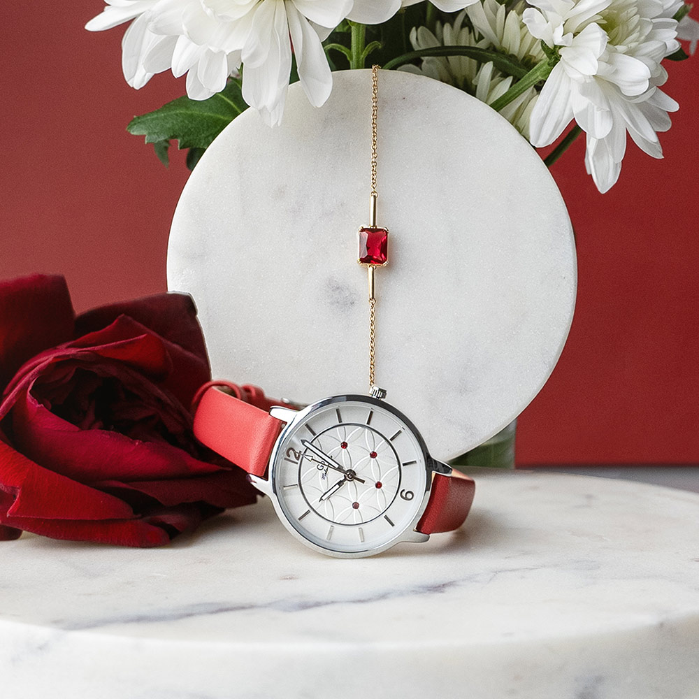 Montre Femme Boîtier Argenté Bracelet Cuir Rouge - 699607 – Image 3