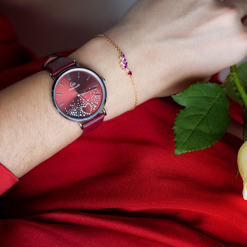 Montre Femme Boîtier Argenté Bracelet Cuir Rouge - 699605 – Image 3